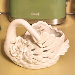 Pottery Barn MCM White Porcelain Swan w/Roses Planter